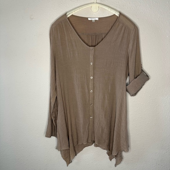 Spense Button Front Tunic Asymmetrical Shirt Lagenlook Tan Roll Tabs Women’s XL - Picture 4 of 13